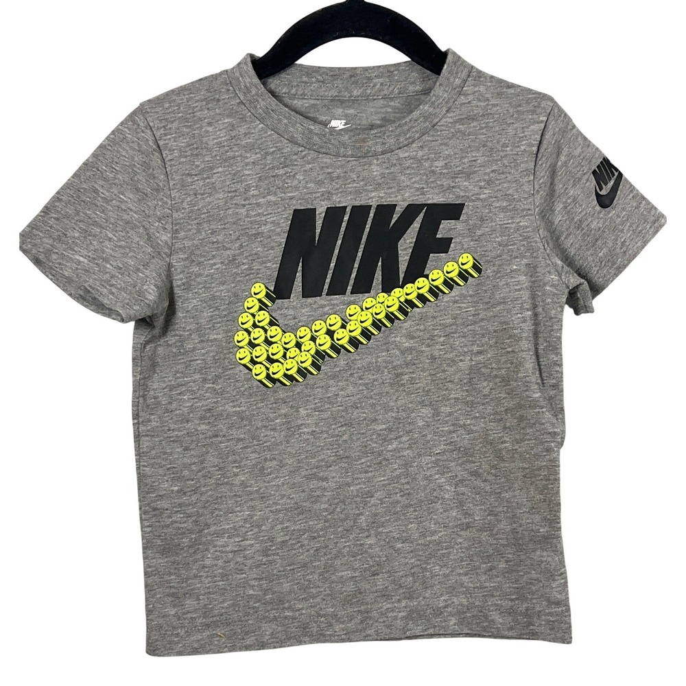 Nike Kids Gray Neon Green‎ Smily Face Swoosh Short Sleeve Sporty Shirt Boys 3T